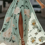 Julie | hellgrünes Blumenmuster-Chiffon-Maxikleid mit Ein-Schulter-Design