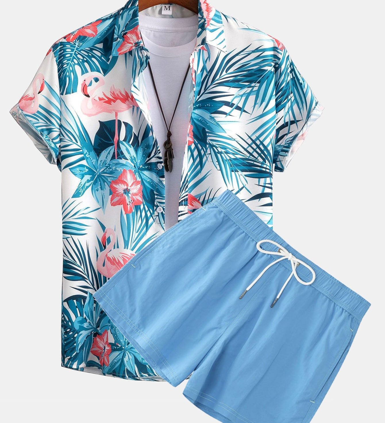 Flamingo Tropischer Print Hemden mit Knöpfen & kurze Schwimmshorts