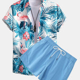 Flamingo Tropischer Print Hemden mit Knöpfen & kurze Schwimmshorts