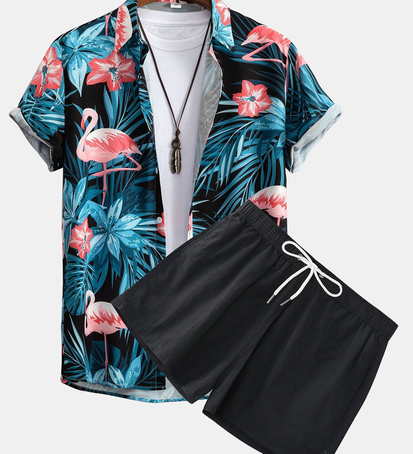 Flamingo Tropischer Print Hemden mit Knöpfen & kurze Schwimmshorts