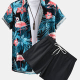 Flamingo Tropischer Print Hemden mit Knöpfen & kurze Schwimmshorts