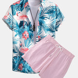 Flamingo Tropischer Print Hemden mit Knöpfen & kurze Schwimmshorts