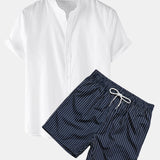 Hemd im Leinen-Look mit kurzen Ärmeln und gestreifte Shorts zum Schwimmen