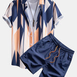 Geometrie Print Hemd mit Knöpfen & Badeshorts