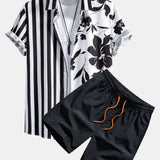 Blumen Streifen Patchwork Print Knopfleisten Hemd & Badeshorts