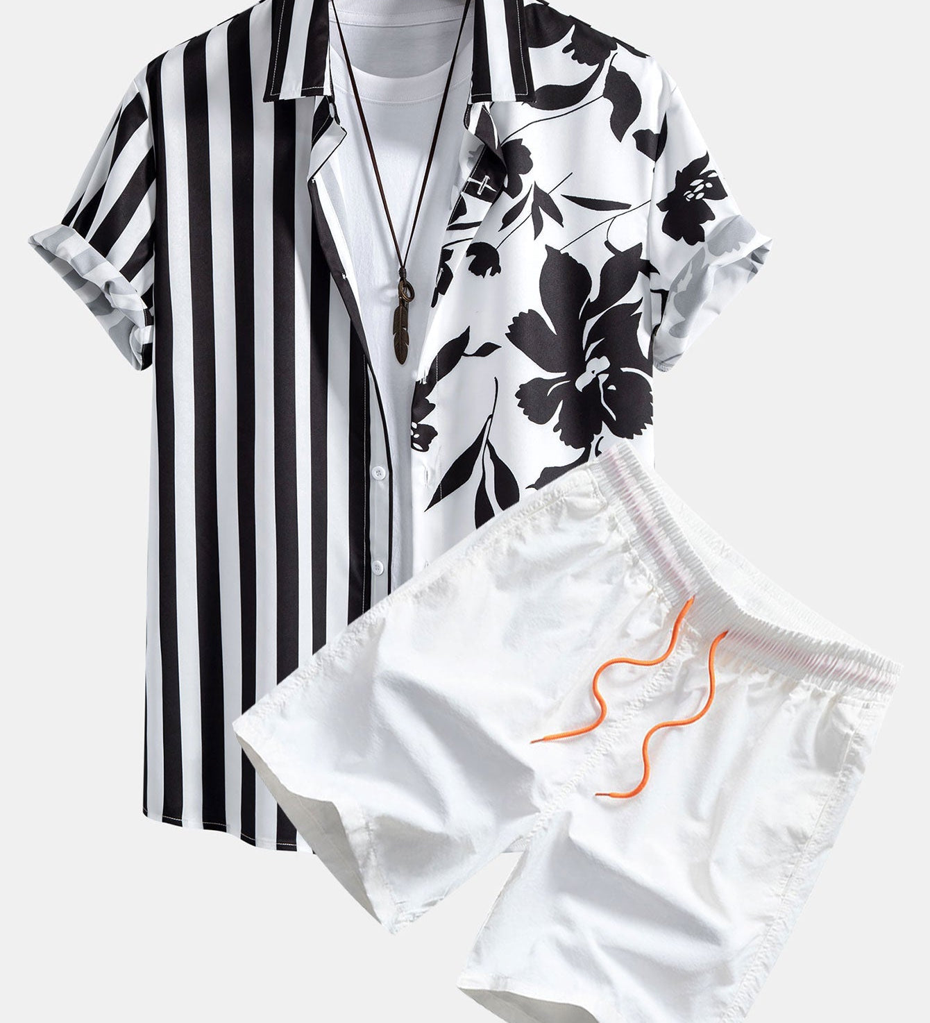 Blumen Streifen Patchwork Print Knopfleisten Hemd & Badeshorts