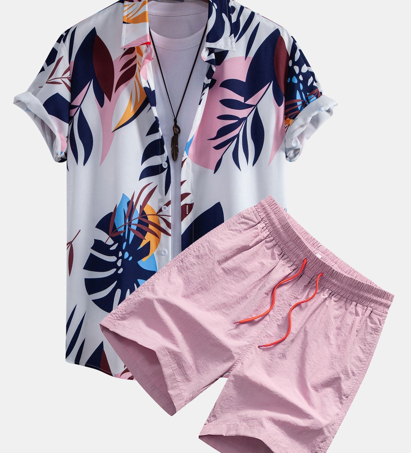 Leaf Farbe Block Print Button Up Shirt & Swim Short