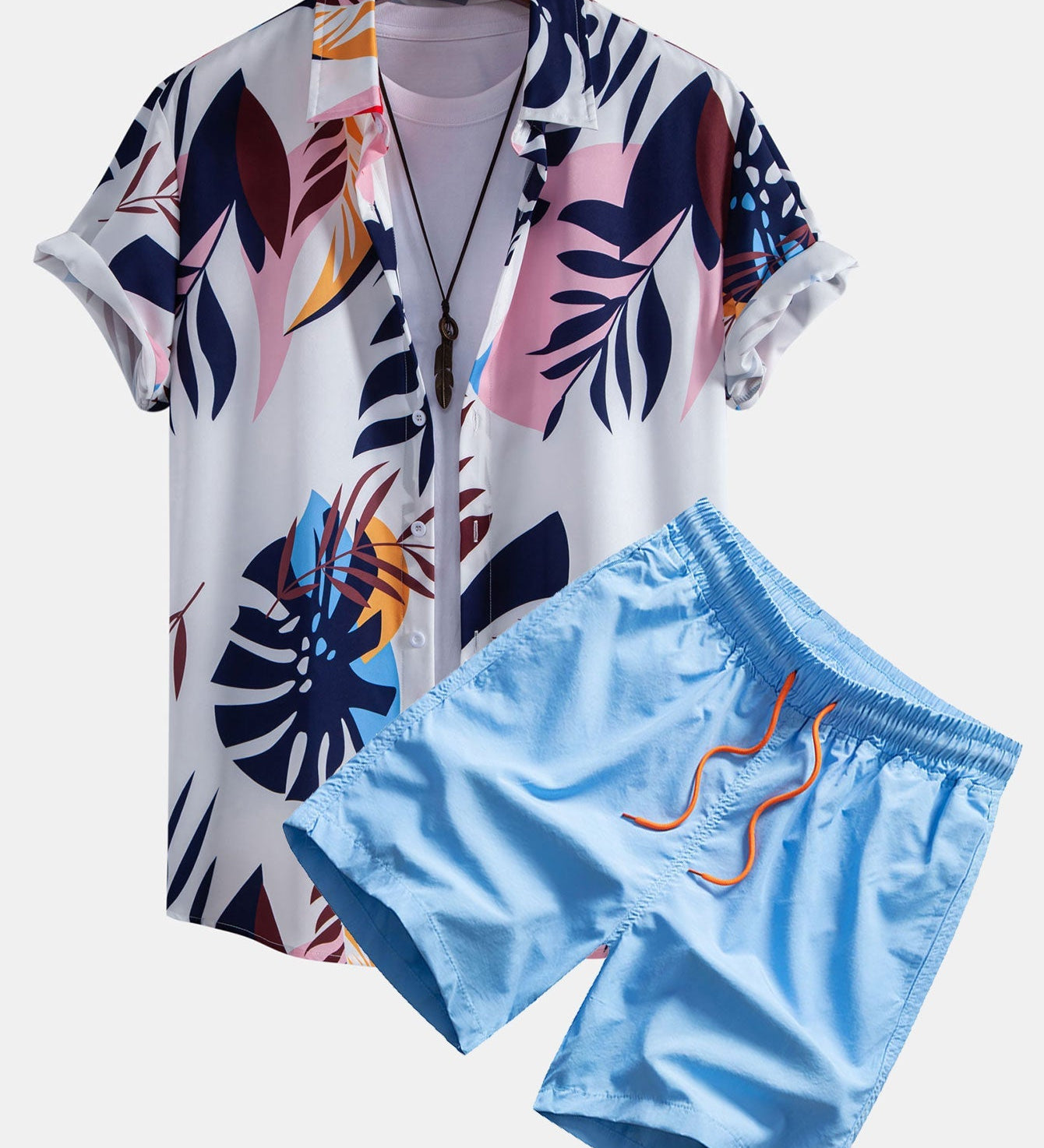Leaf Farbe Block Print Button Up Shirt & Swim Short
