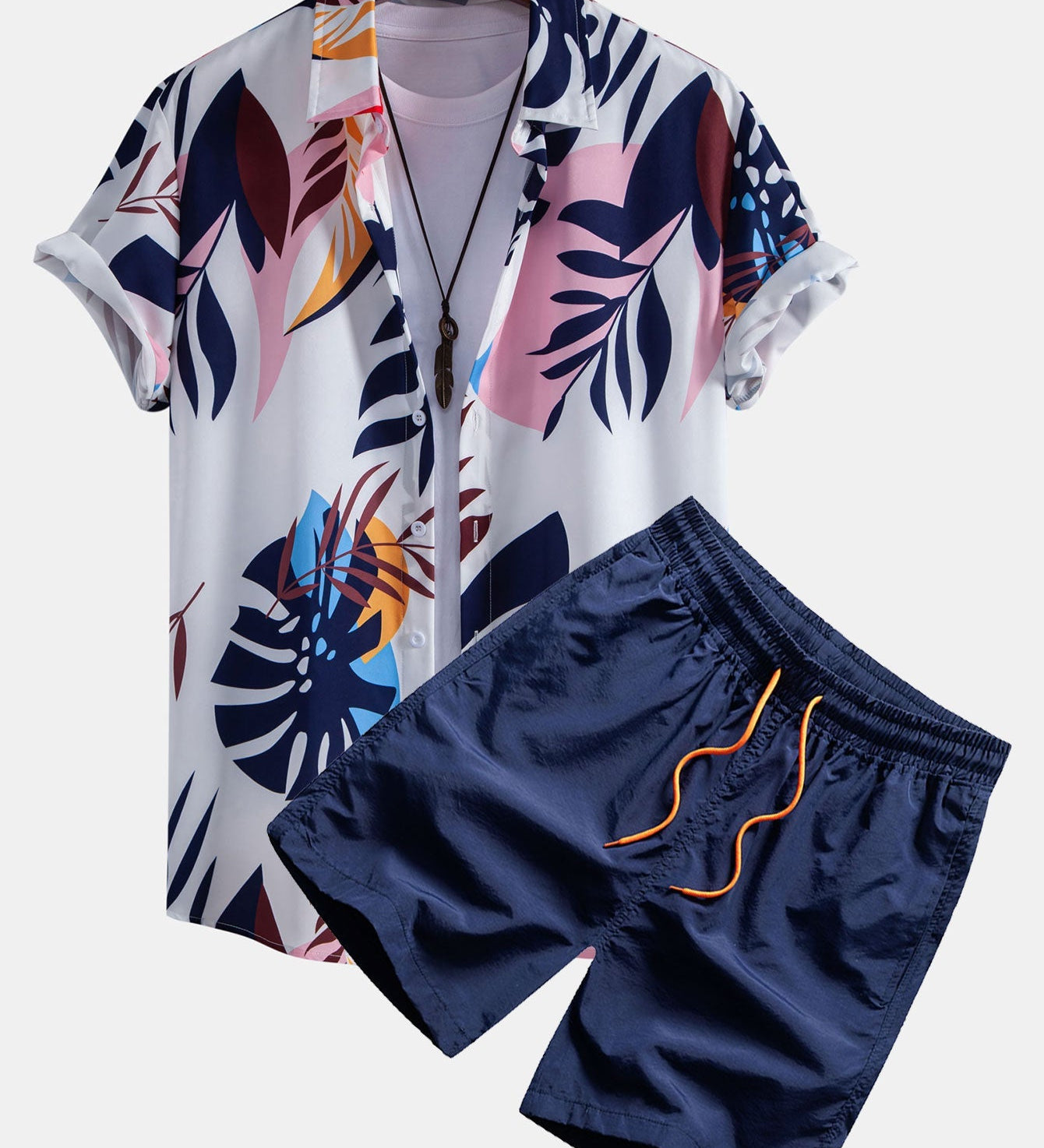 Leaf Farbe Block Print Button Up Shirt & Swim Short