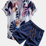 Leaf Farbe Block Print Button Up Shirt & Swim Short
