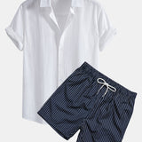 Leinenoptik Baumwollhemd mit Knopfleiste & gestreifte Swim Shorts mit Print