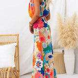 Sommer | Ärmloses Maxikleid mit Bindeband am Hals, taillierter Schnitt, Blumendruck