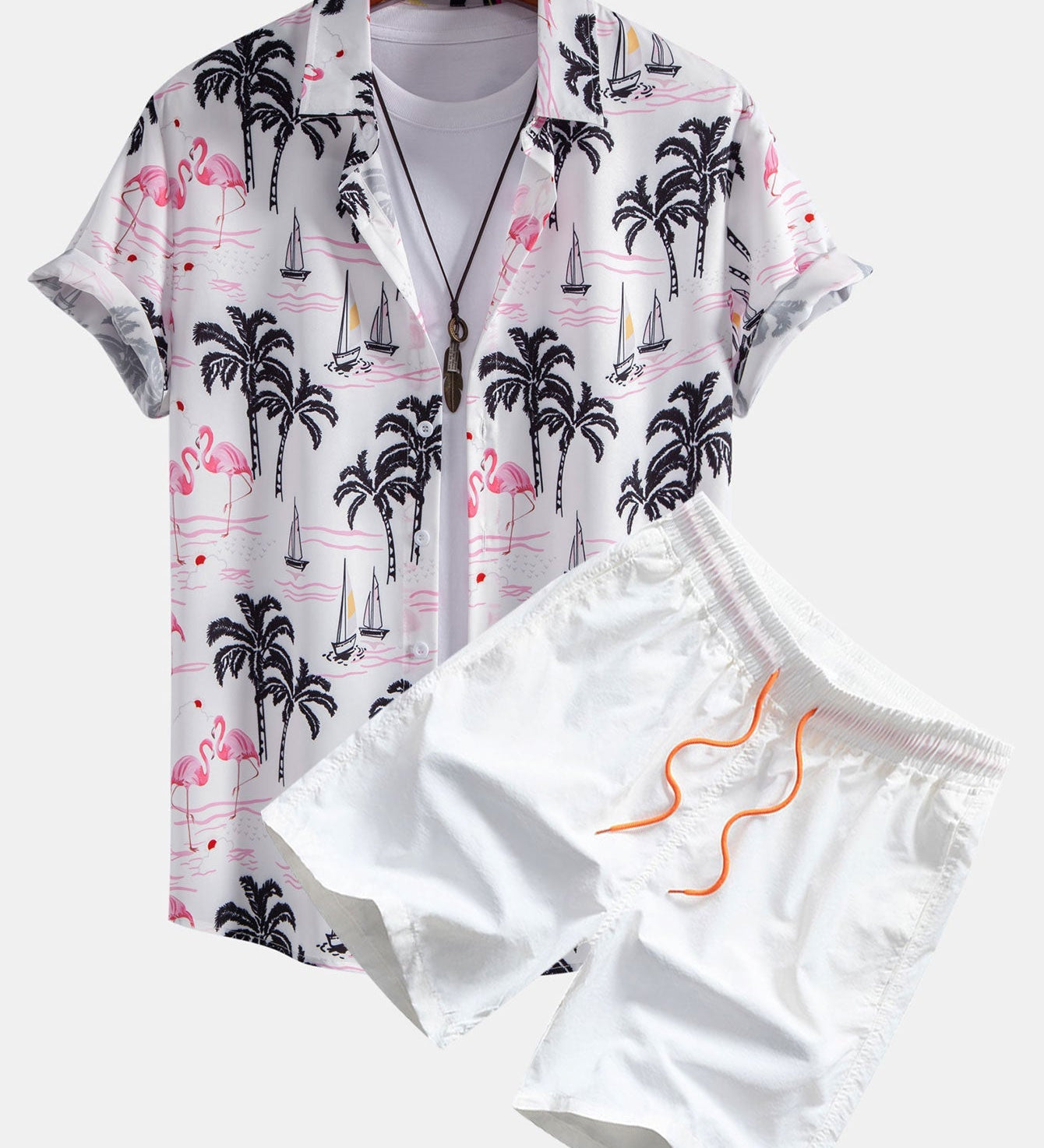 Palm Tree Flamingo Print Button Up Shirt & Swim Shorts