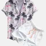 Palm Tree Flamingo Print Button Up Shirt & Swim Shorts