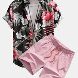 Flamingo-Blumenmuster Hemd mit Knopfleiste und Shorts zum Schwimmen