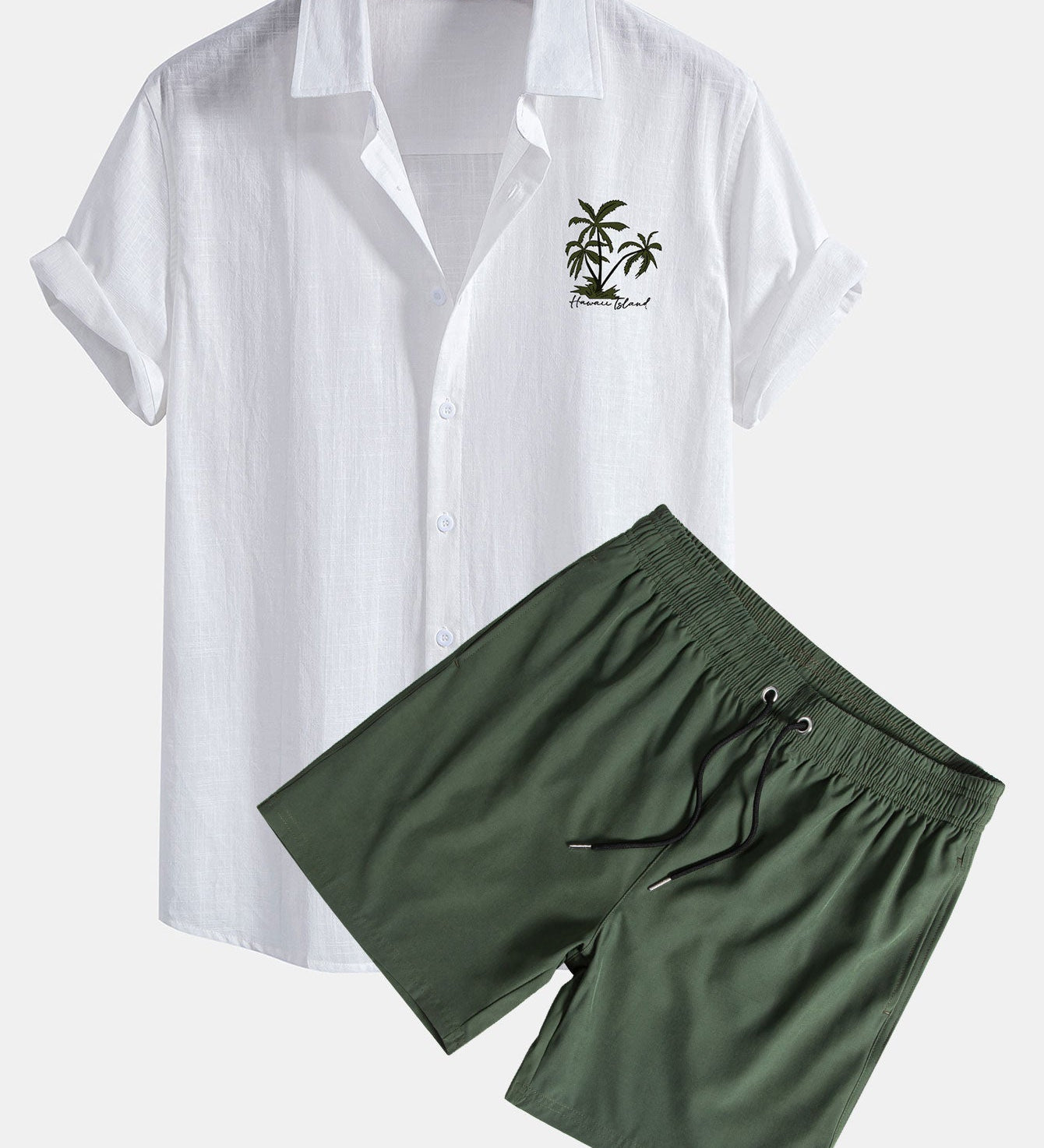 Hawaii Palmen Print Leinenoptik Baumwolle Button-Up Hemd & Shorts