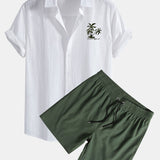 Hawaii Palmen Print Leinenoptik Baumwolle Button-Up Hemd & Shorts