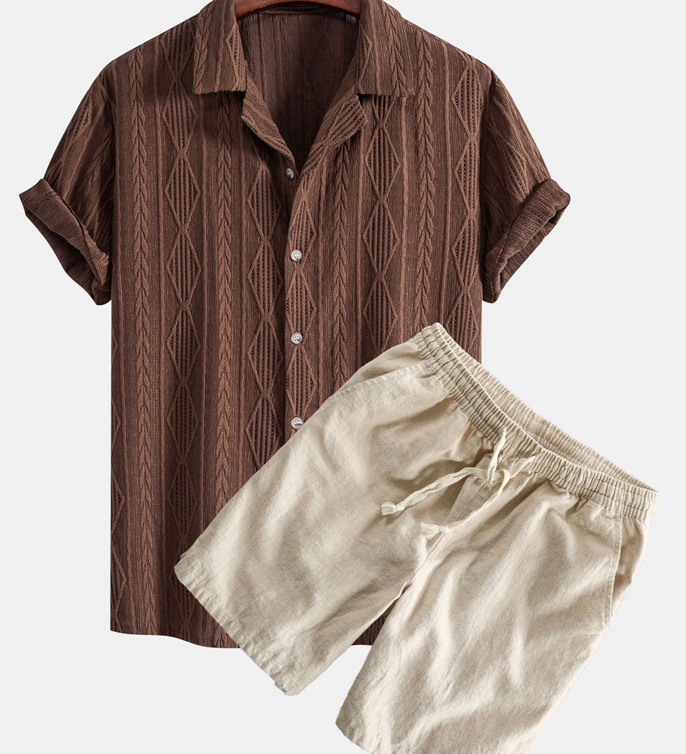 Geometrisches Jacquard Eyelet Cuban Hemd & Shorts aus Leinen-Baumwoll-Mischung