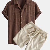 Geometrisches Jacquard Eyelet Cuban Hemd & Shorts aus Leinen-Baumwoll-Mischung