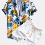 Tintenblaues Blumenmuster Hemd mit Knöpfen & Badeshorts