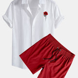 Leinenoptik Baumwollhemd mit rotem Rosen-Print und Knopfleiste & Swim Shorts