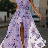 Julie | hellgrünes Blumenmuster-Chiffon-Maxikleid mit Ein-Schulter-Design
