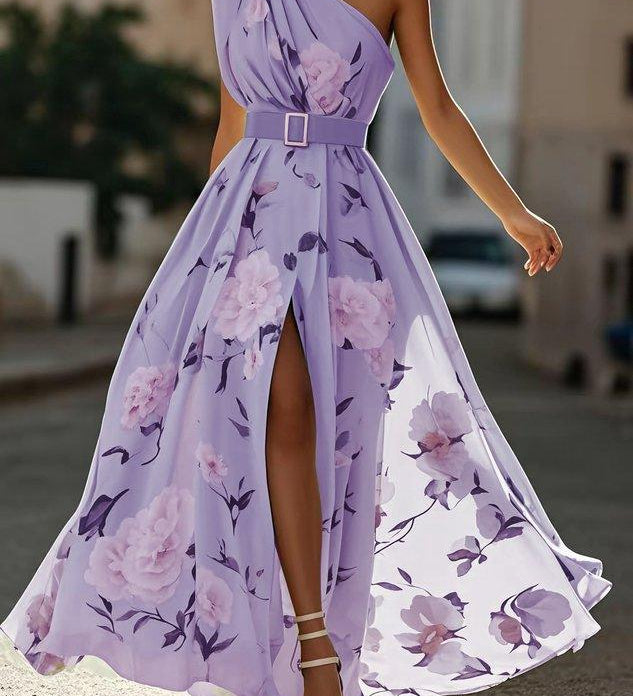 Julie | hellgrünes Blumenmuster-Chiffon-Maxikleid mit Ein-Schulter-Design