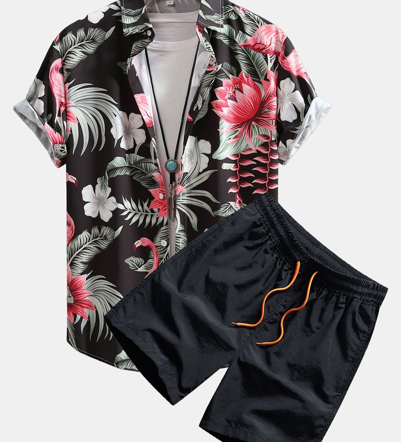 Flamingo-Blumenmuster Hemd mit Knopfleiste und Shorts zum Schwimmen