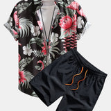 Flamingo-Blumenmuster Hemd mit Knopfleiste und Shorts zum Schwimmen