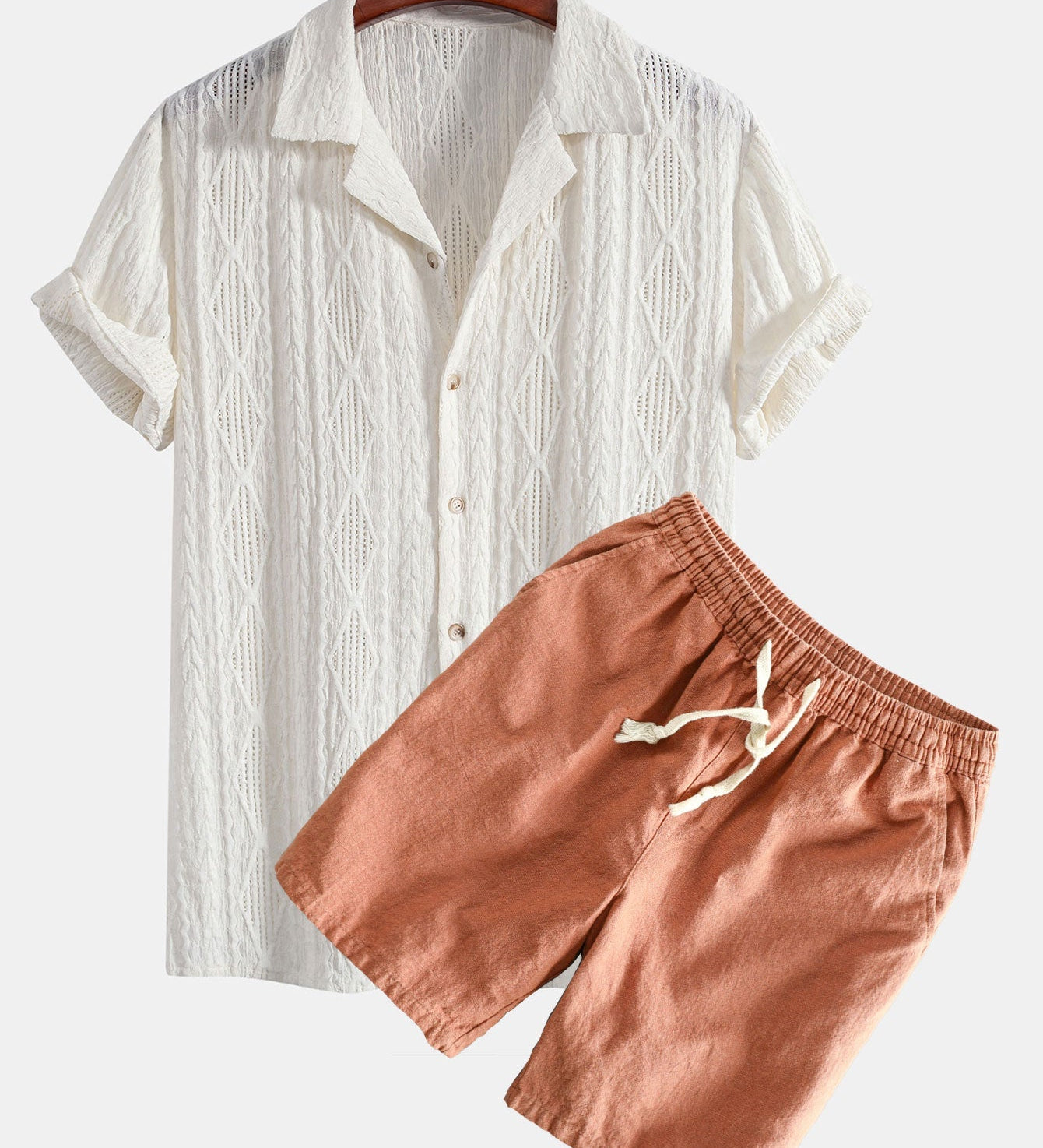 Geometrisches Jacquard Eyelet Cuban Hemd & Shorts aus Leinen-Baumwoll-Mischung