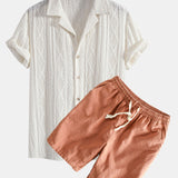 Geometrisches Jacquard Eyelet Cuban Hemd & Shorts aus Leinen-Baumwoll-Mischung