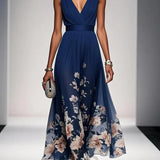 Rose | Hellblaues Blumenmuster-Chiffon-V-Ausschnitt-Maxikleid