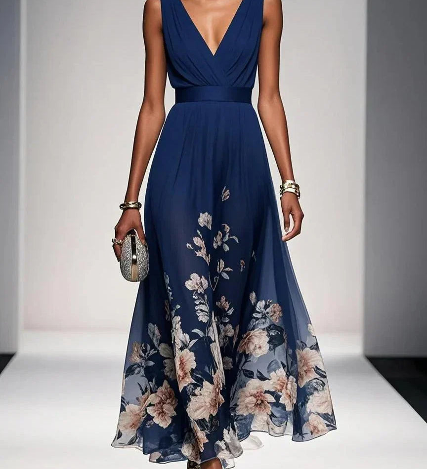 Rose | Hellblaues Blumenmuster-Chiffon-V-Ausschnitt-Maxikleid