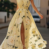 Julie | hellgrünes Blumenmuster-Chiffon-Maxikleid mit Ein-Schulter-Design