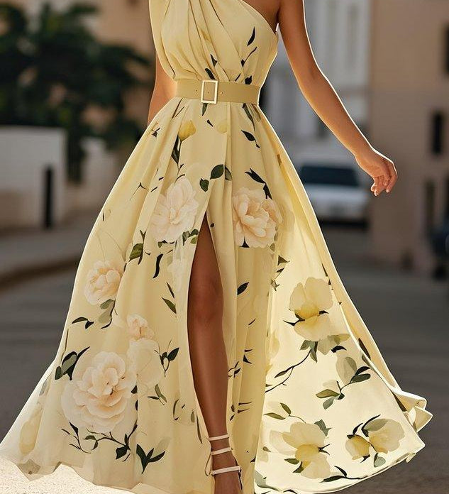 Julie | hellgrünes Blumenmuster-Chiffon-Maxikleid mit Ein-Schulter-Design