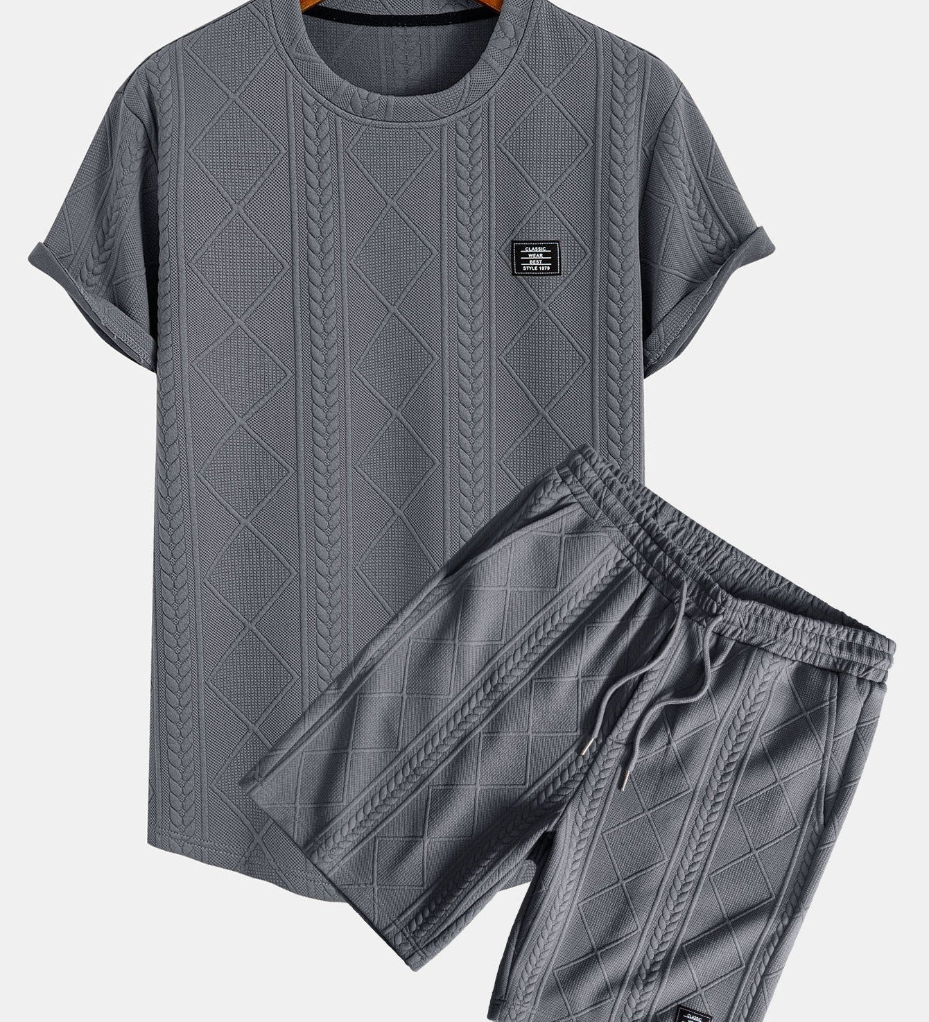 Kurzärmeliges geometrisches Jacquard-T-Shirt mit abgerundetem Saum & Shorts
