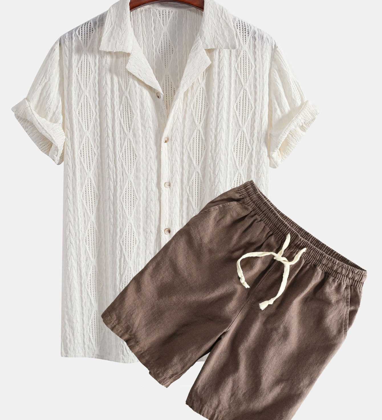 Geometrisches Jacquard Eyelet Cuban Hemd & Shorts aus Leinen-Baumwoll-Mischung