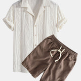 Geometrisches Jacquard Eyelet Cuban Hemd & Shorts aus Leinen-Baumwoll-Mischung