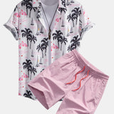 Palm Tree Flamingo Print Button Up Shirt & Swim Shorts