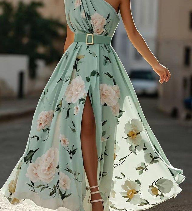 Julie | hellgrünes Blumenmuster-Chiffon-Maxikleid mit Ein-Schulter-Design