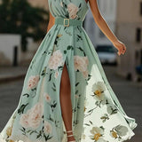 Julie | hellgrünes Blumenmuster-Chiffon-Maxikleid mit Ein-Schulter-Design