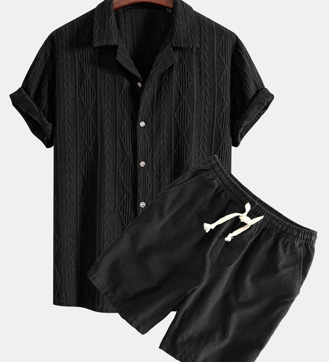 Geometrisches Jacquard Eyelet Cuban Hemd & Shorts aus Leinen-Baumwoll-Mischung