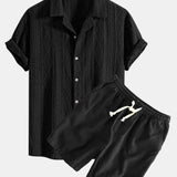 Geometrisches Jacquard Eyelet Cuban Hemd & Shorts aus Leinen-Baumwoll-Mischung