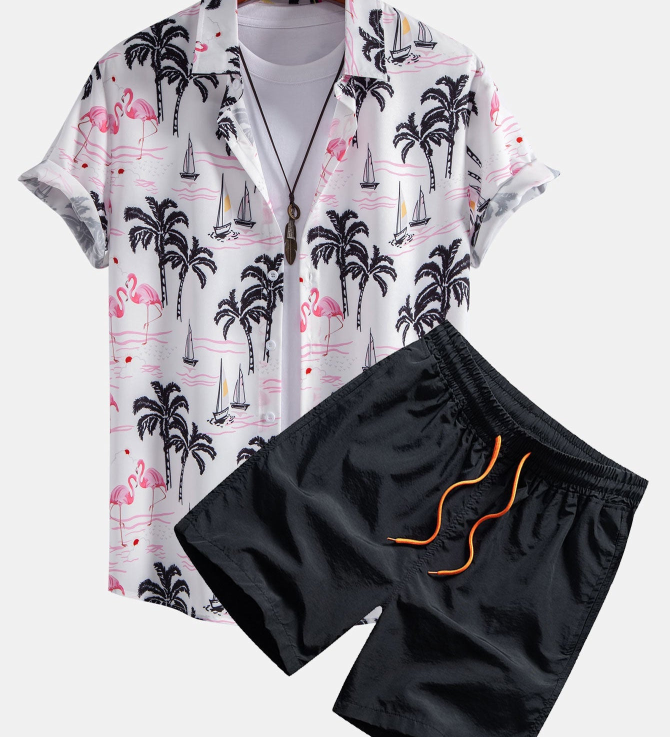 Palm Tree Flamingo Print Button Up Shirt & Swim Shorts