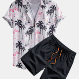 Palm Tree Flamingo Print Button Up Shirt & Swim Shorts