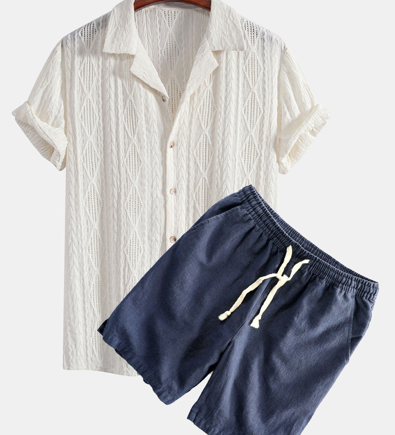 Geometrisches Jacquard Eyelet Cuban Hemd & Shorts aus Leinen-Baumwoll-Mischung