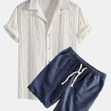 Geometrisches Jacquard Eyelet Cuban Hemd & Shorts aus Leinen-Baumwoll-Mischung