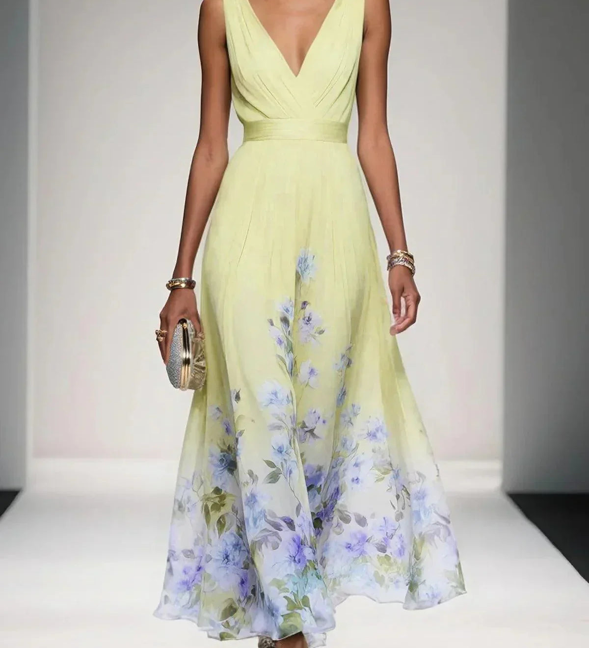 Rose | Hellblaues Blumenmuster-Chiffon-V-Ausschnitt-Maxikleid