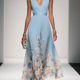 Rose | Hellblaues Blumenmuster-Chiffon-V-Ausschnitt-Maxikleid