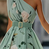 Julie | hellgrünes Blumenmuster-Chiffon-Maxikleid mit Ein-Schulter-Design